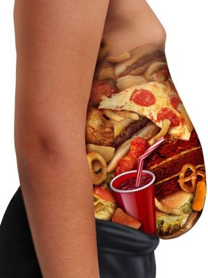 Child eating unhealthy diet as a side view of a fat kid with the stomach made from junk food as soda burgers and french fries as a youth medical nutrition issue with 3D illustration elements.